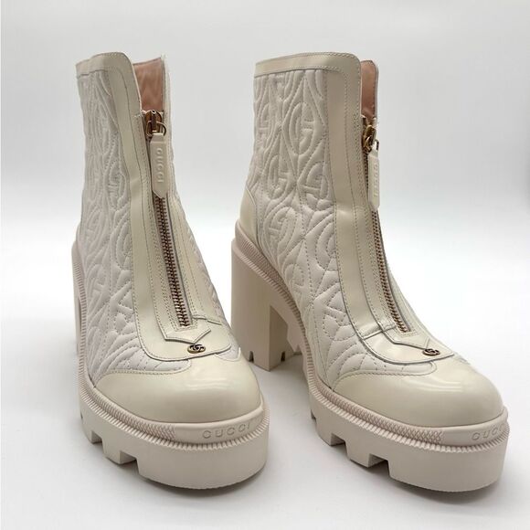 Gucci Trip Combat Zip Boots GG Logo White Quilted Rhombus Block Heel EU 38 US 8 - Picture 1 of 15